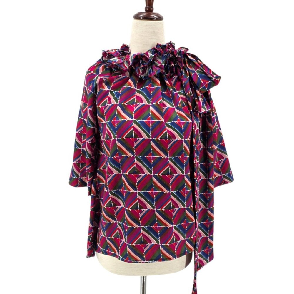 Never A Wallflower Womens XS Top Ruffle Tie Neck Geometric Print Multicolor Boho